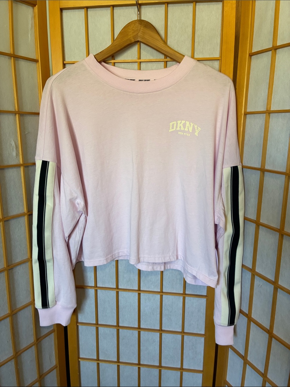 DKNY Light Pink Cropped Long-Sleeved T-Shirt with Black & Cream Sleeve Stripes
